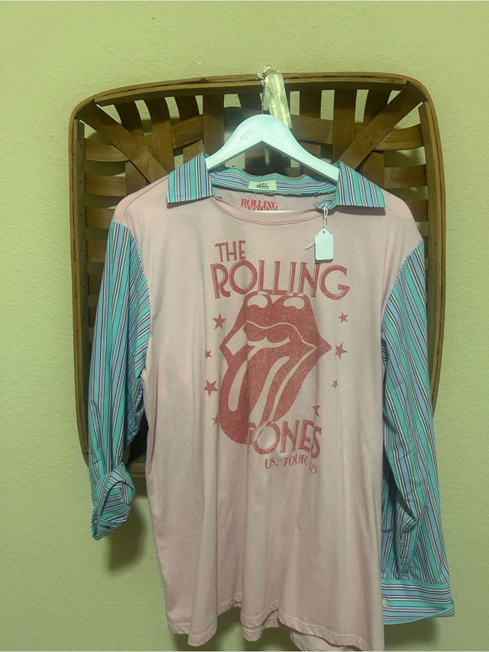 Recycle Rolling Stones Pink Long-Sleeve Tee with Striped Sleeves